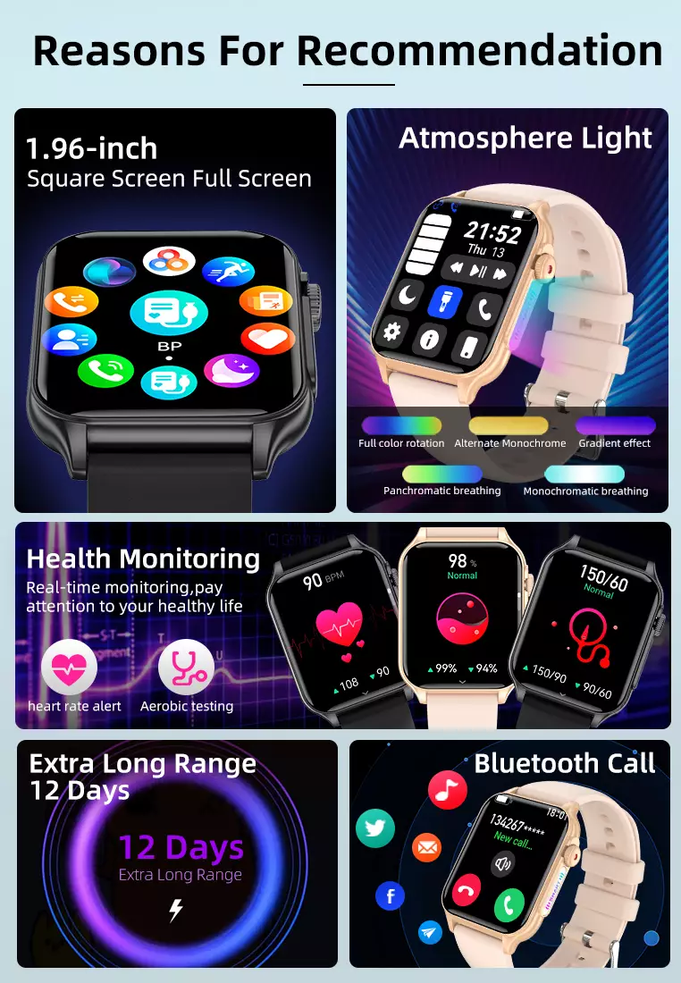 SmartWatch Layar1.96" Fungsi Alarm Denyut Jantung Jam Pintar FitnessTracker Bluetooth Musik pink