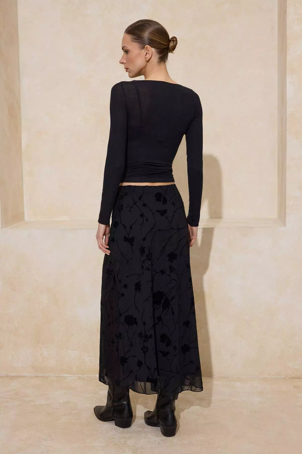 Black Flock Printed Pen Maxi/Long Tulle Flexible Knitted Skirt Twoaw26Et146