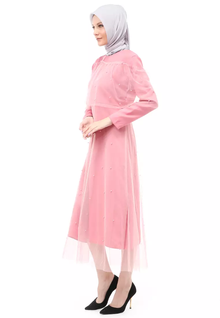 Riany Gamis Brukat Muslimah Wanita Motif Hiasan Long Dress Regular Fit - Dusty