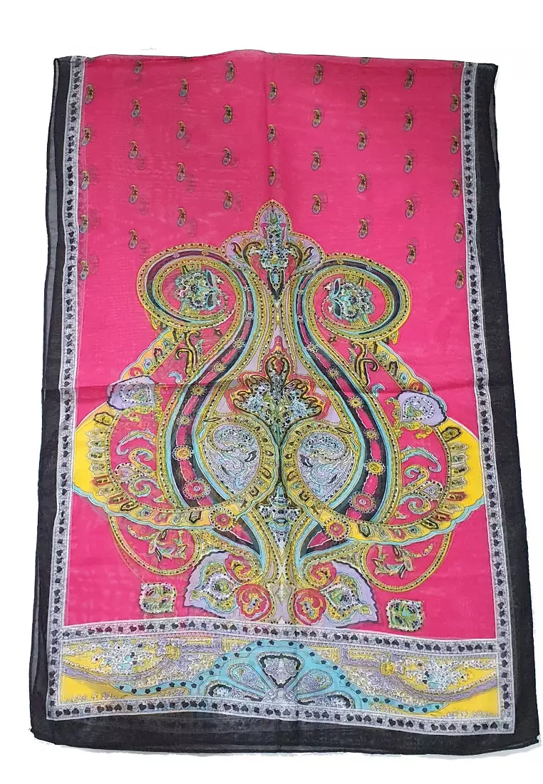 Paisley Motif Silk-Feel Scarf Fuchsia Pink