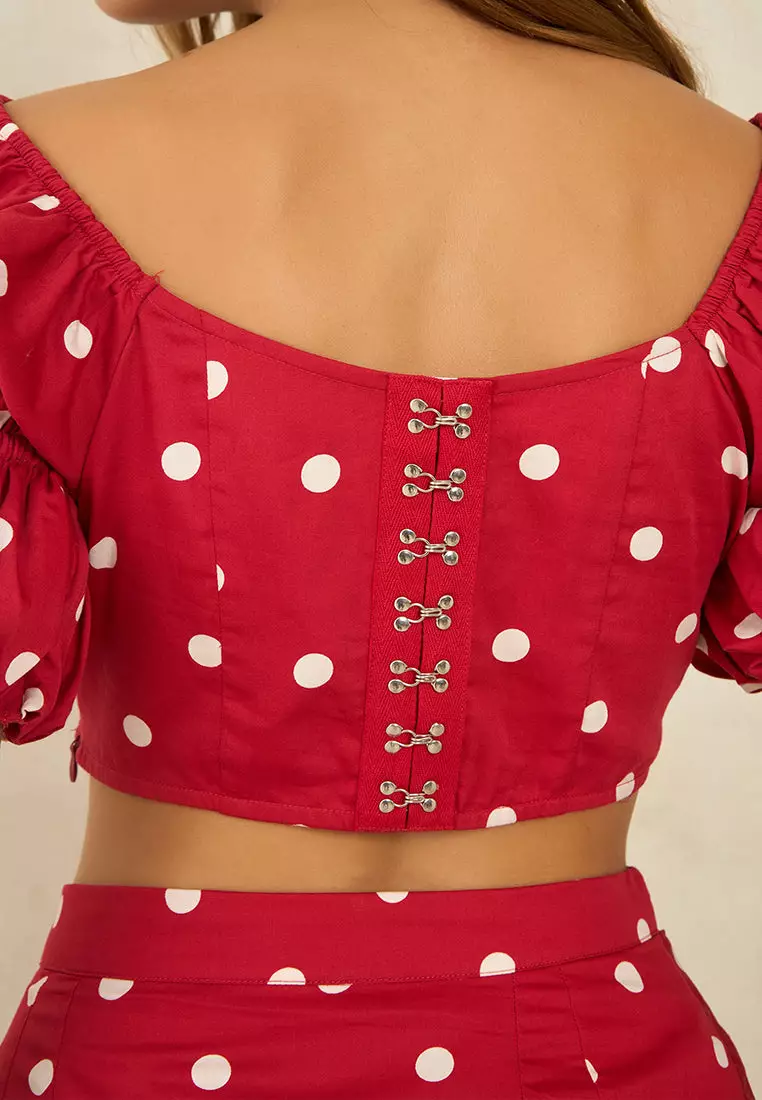 VIRGIO 100% Cotton Polka Crop Top With Puff Sleeves