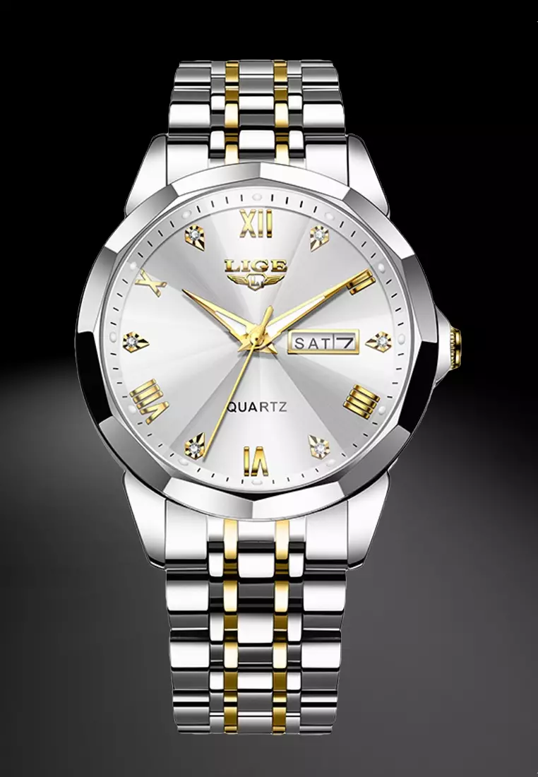 Unisex Stainless Steel Quartz Watch, Grey Dial, Day/Date, Stainless Steel Bracelet