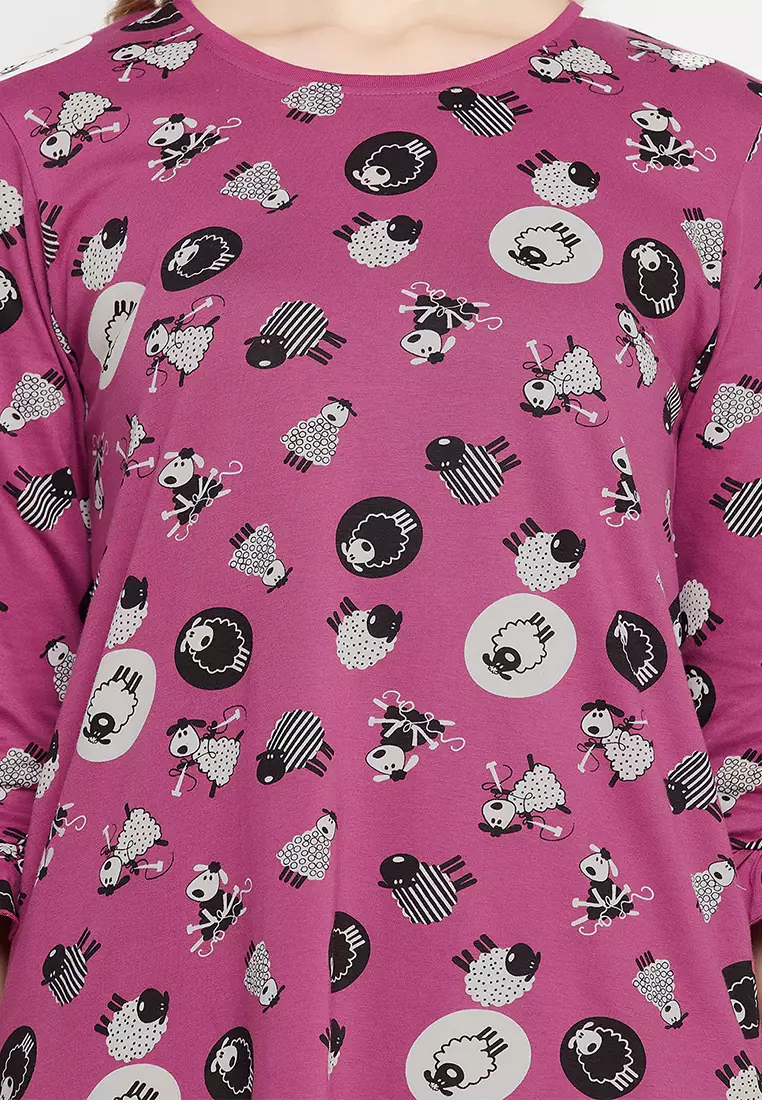 Clovia Sheep Print Long Sleep Tee in Mauve - 100% Cotton