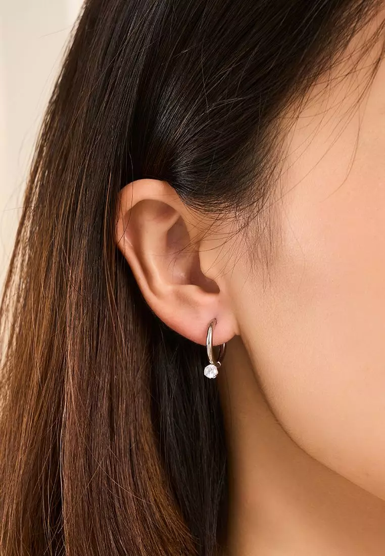 Lune Solitaire Drop Hoop Earrings in Silver