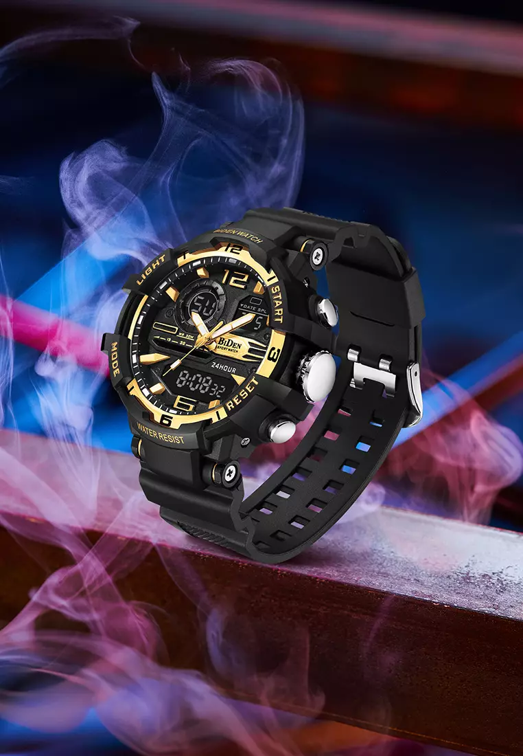 Jam Tangan Pria Digital&Analog Olahraga Pria Tahan Air Luminous Jam Tali Silikon Warna Emas