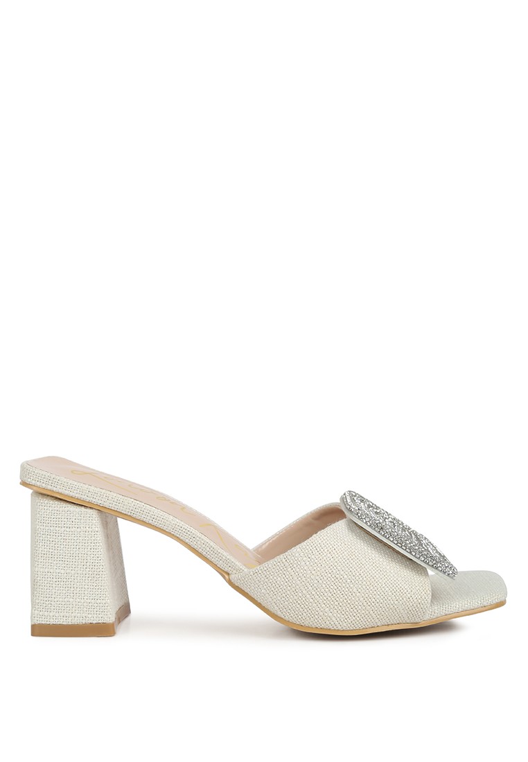 Natural Rhinestone Embellished Slip on Sandals