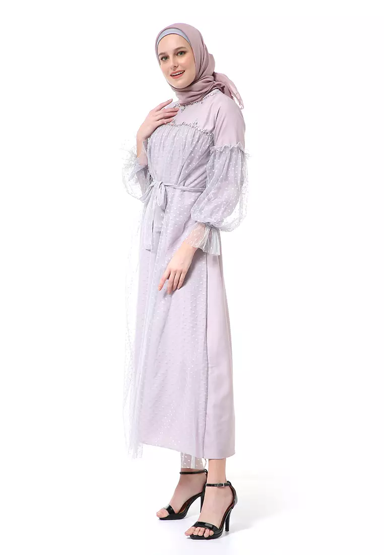 Varsha Dress Wanita Long Sleeve Motif Polos Polkadot High Quality - Silver Mauve