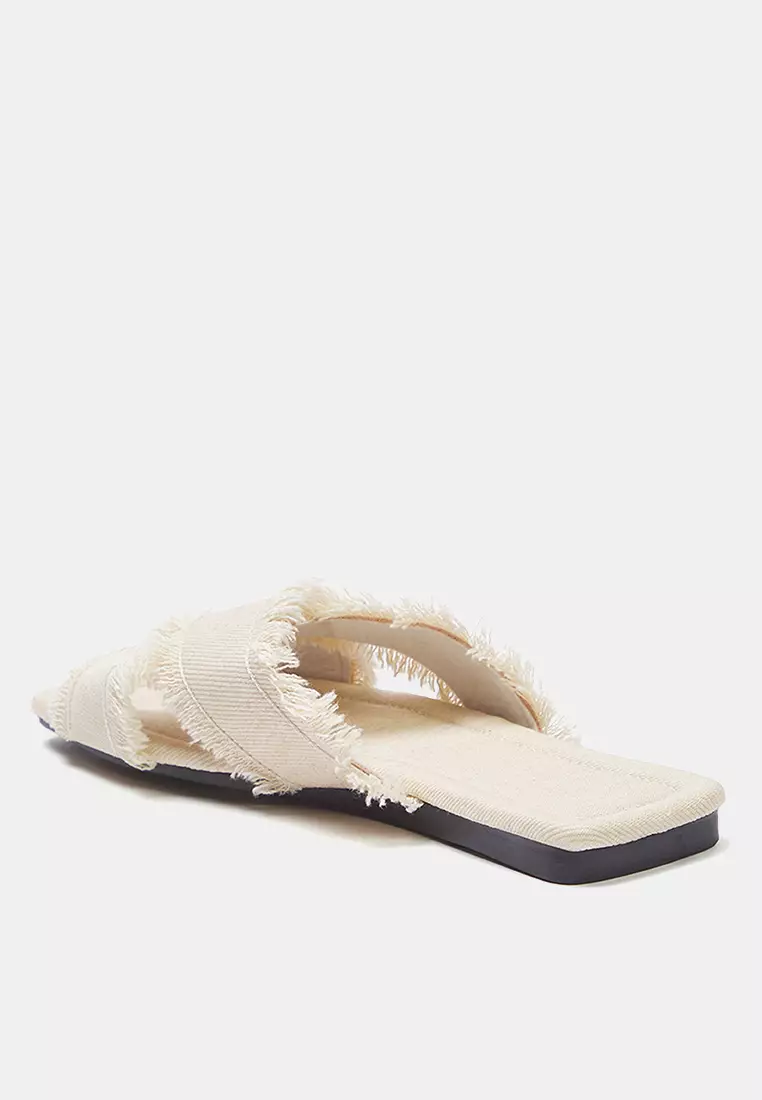 Ecru Tassel Detailed Denim Cross Strap Women's Slippers Takss25Te00043