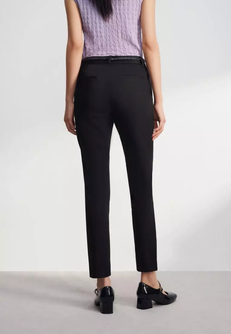 Cotton Blend Spandex Satin Ankle Skinny Pants With Belt