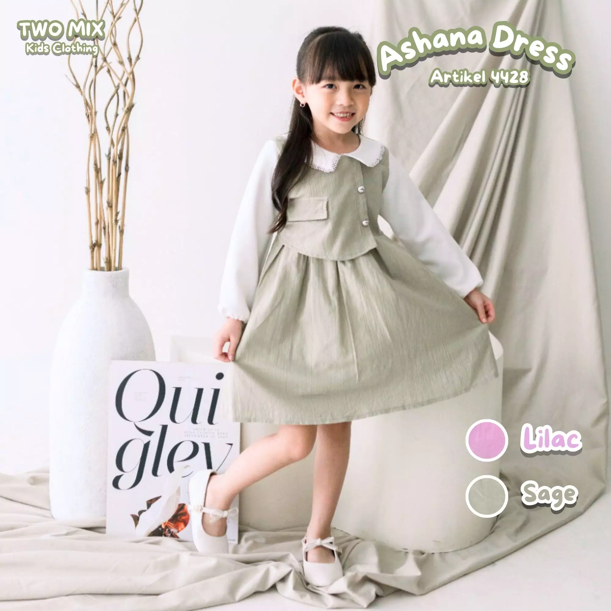 Two Mix - Ashana Dress Anak Perempuan Lebaran 2025 Fashion 1-12 Tahun 4428 Colour Sage