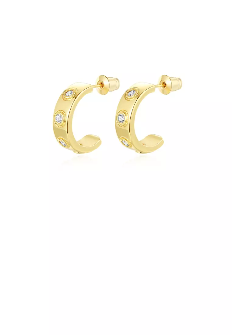 Simple and Fashion Plated Gold C-shaped Geometric Stud Earrings with Cubic Zirconia