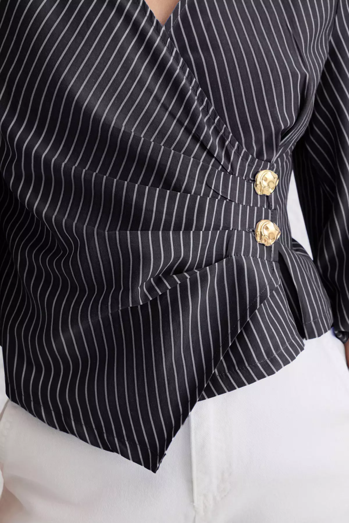 Black Double Breasted Striped Blouse