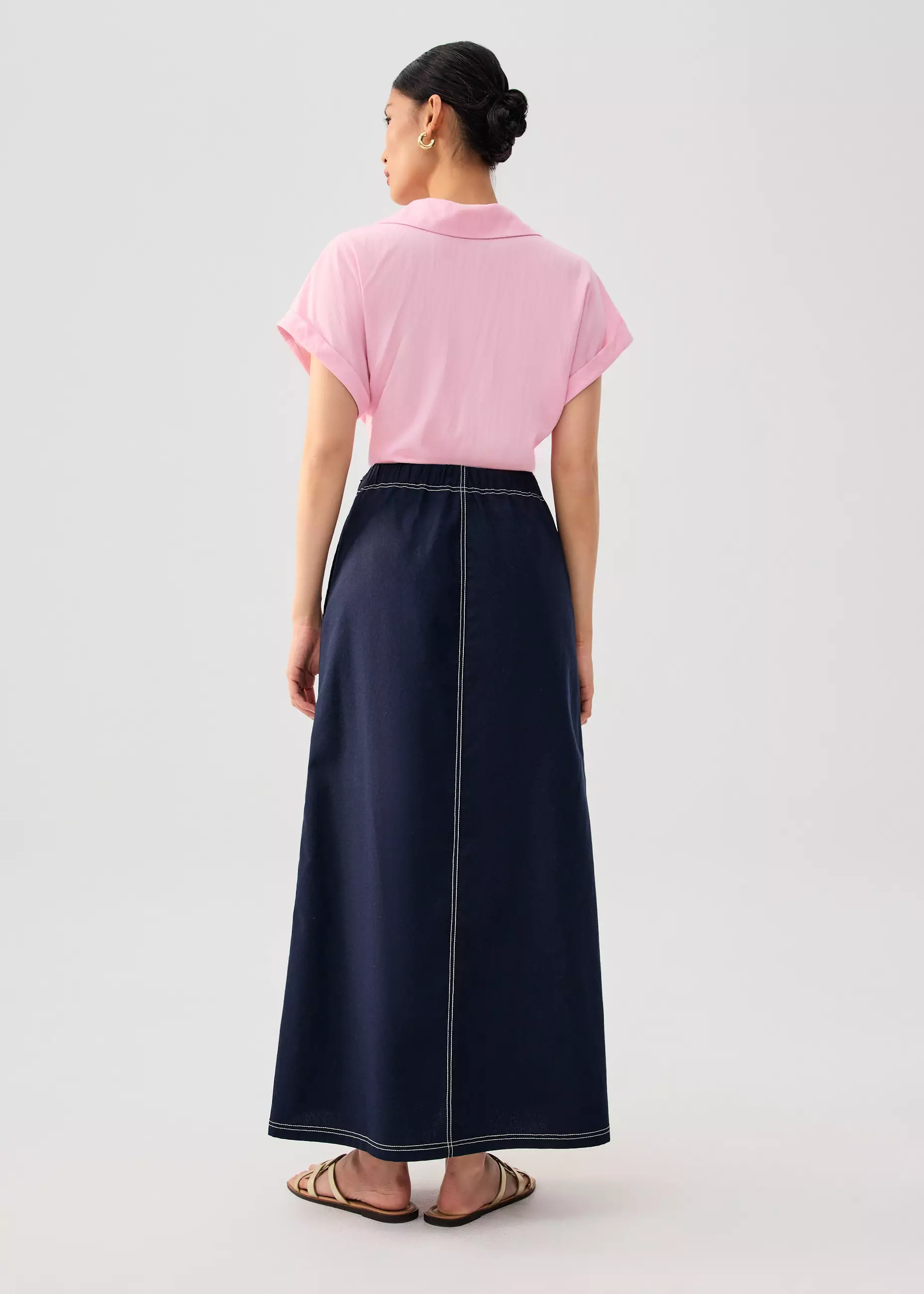 Rok Wanita - Elastic Contrast Stitch High Waist A-line Maxi Skirt