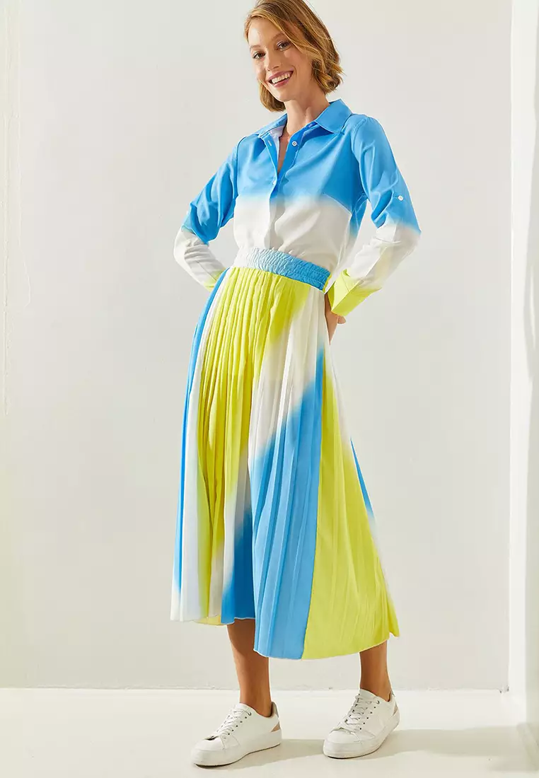 Women's Pleated Elastic Waist Skirt Shirt Top And Bottom Set 2135 60251663