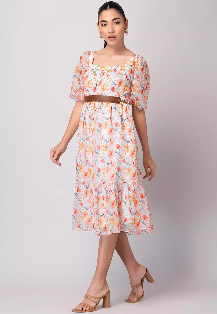 White Floral Print Puff Sleeve Tiered Maxi Dress With Belt