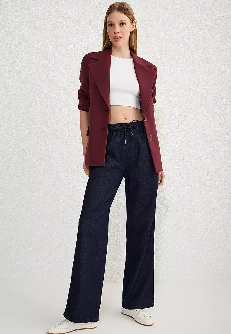 Dark Blue Elastic Waistband Stripe Detail High Waist Wide Leg Jeans