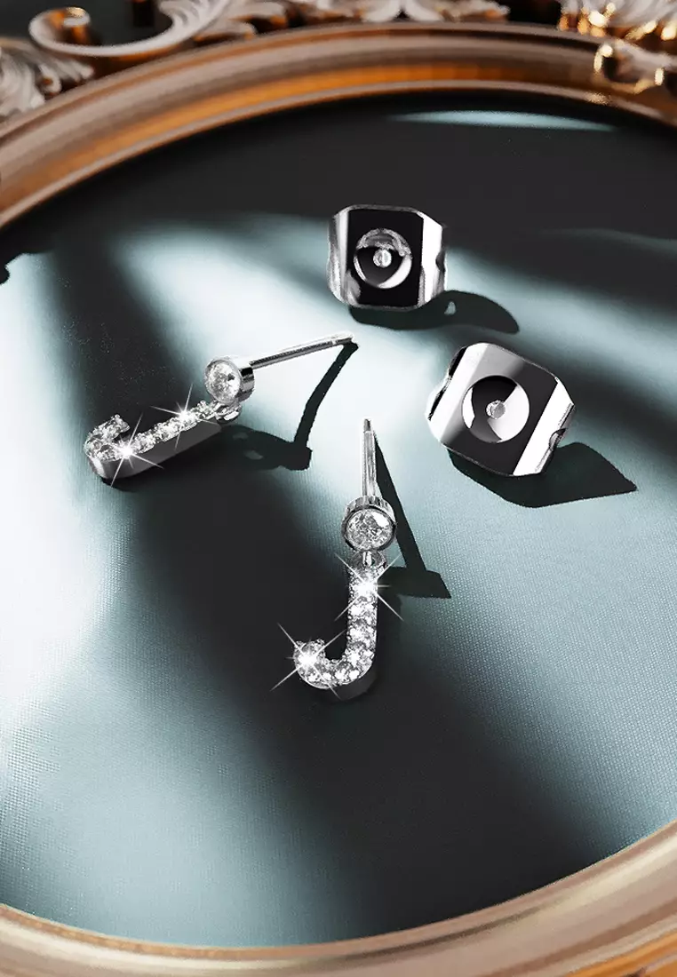 Solid 925 Sterling Silver Initial Crystal Personalised Alphabet Letter Earrings - J