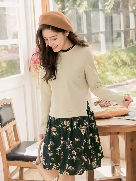 Buy OBSTYLE Floral Print Splicing Solid Color Round Neck Faux Two