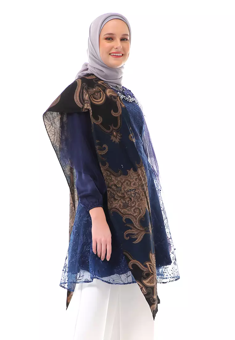 Aidah Tunik Long Sleeve Wanita Soft Comfortable Batik Premium High Quality - Navy