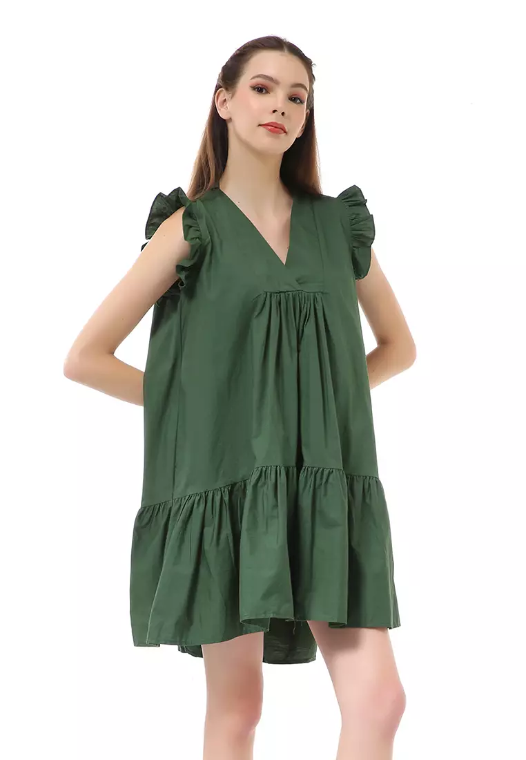 Rachel Mini Dress Ruffle Wanita Lengan Pendek Motif Polos Material Cotton ORIGINAL - Forest Green