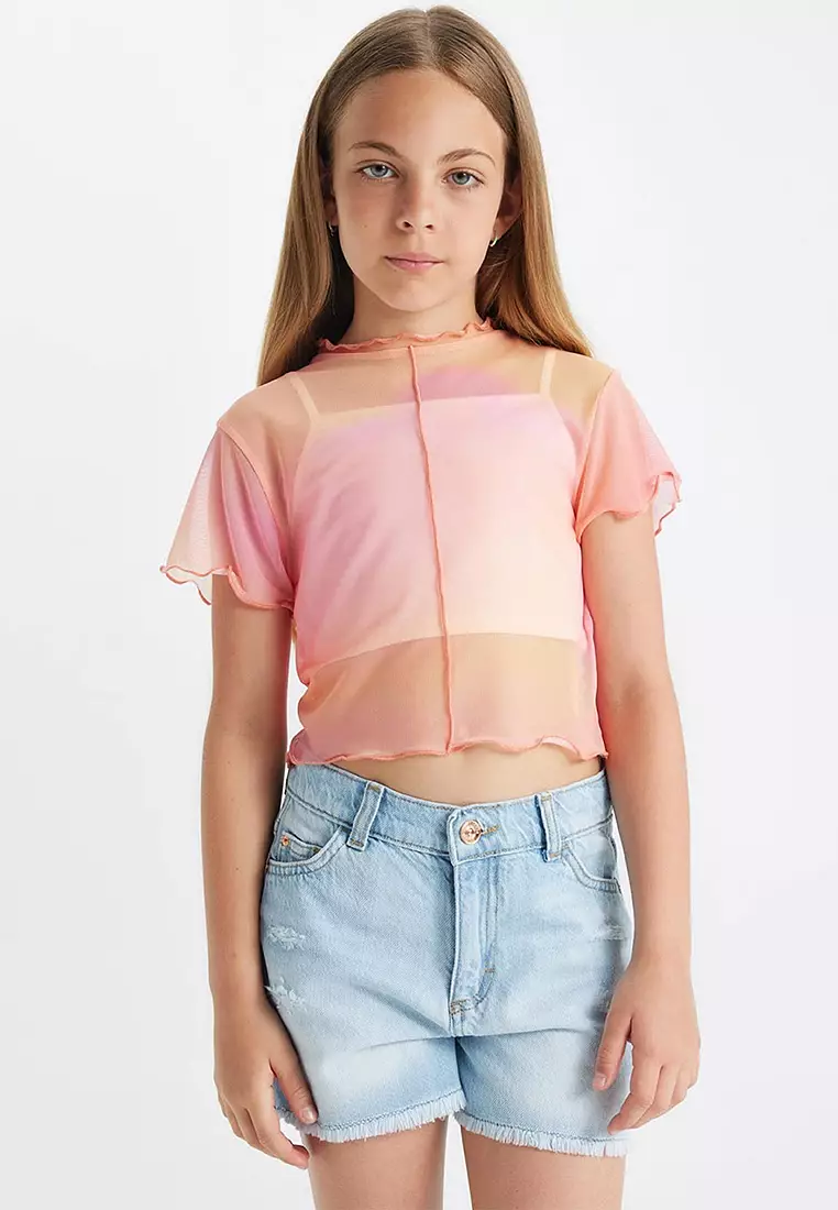 Crop Crew Neck Gradient Printed Tulle Short Sleeve T-Shirt Undershirt 2-Piece Set