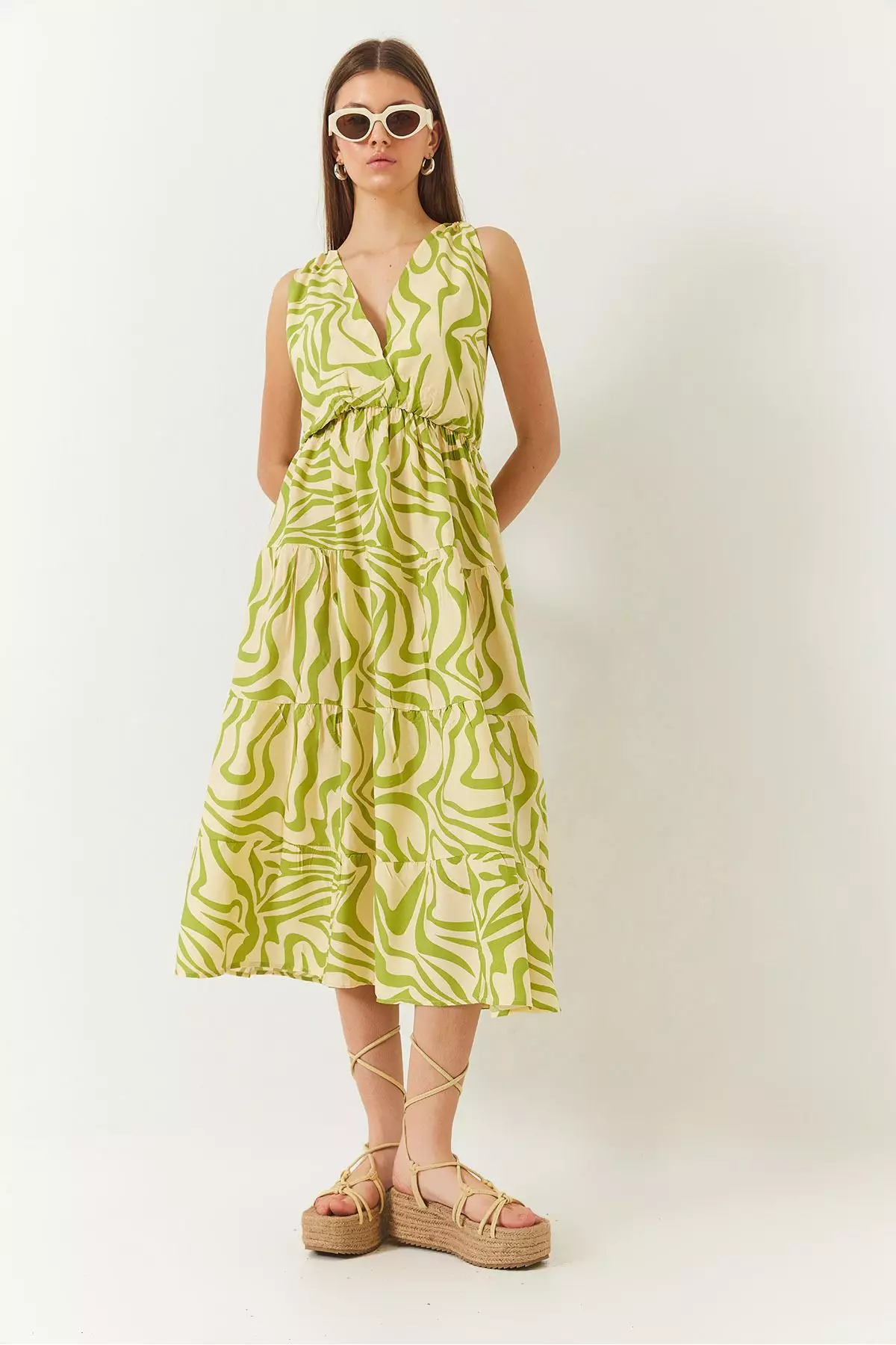 Women's Double Breasted Neckline Elastic Waist Back Rope Tie Print Dress 60261428