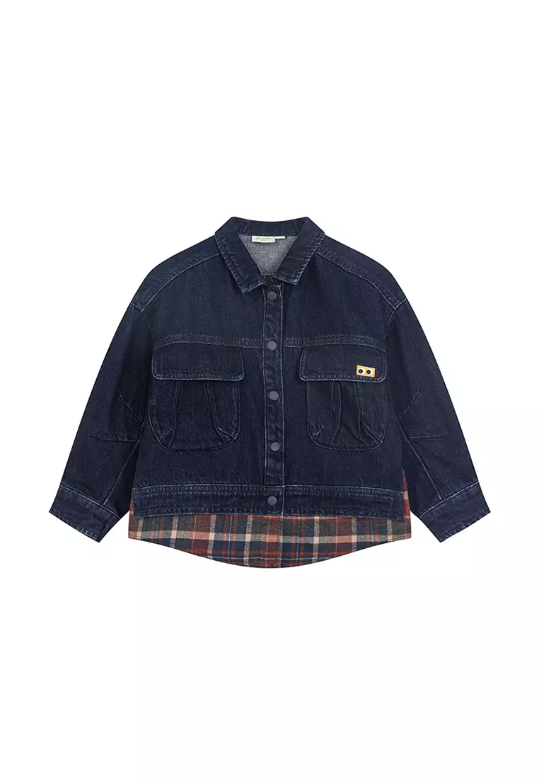 女大童牛仔衣假两件拼接格纹衬衣帅气外套