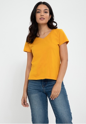 Huga yellow Ultra Comfort Cotton Basic Plain V-Neck T-Shirt 49D2CAAF81AB5EGS_1