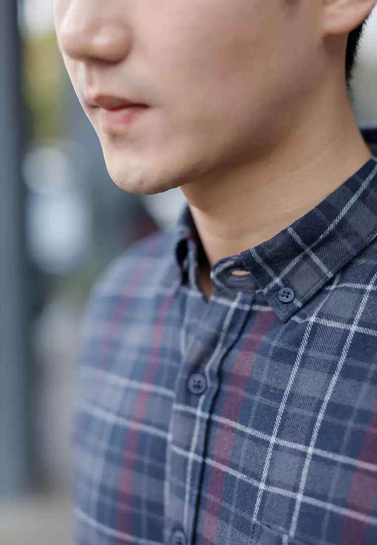Kemeja Flannel cotton tangan panjang navy maroon white