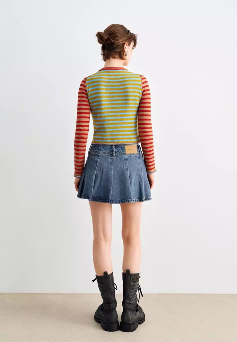 High Waist Washed Denim Double Button Pleated Skirt
