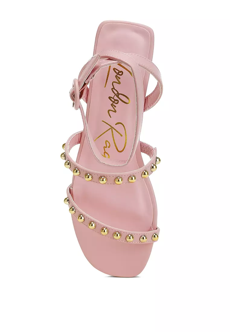 Studded Ankle Strap Flat Sandals in Pink