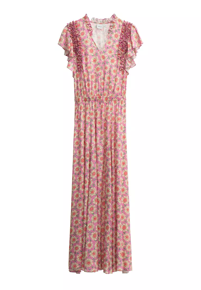 Floral Print With Flutter Sleeve Maxi Dress