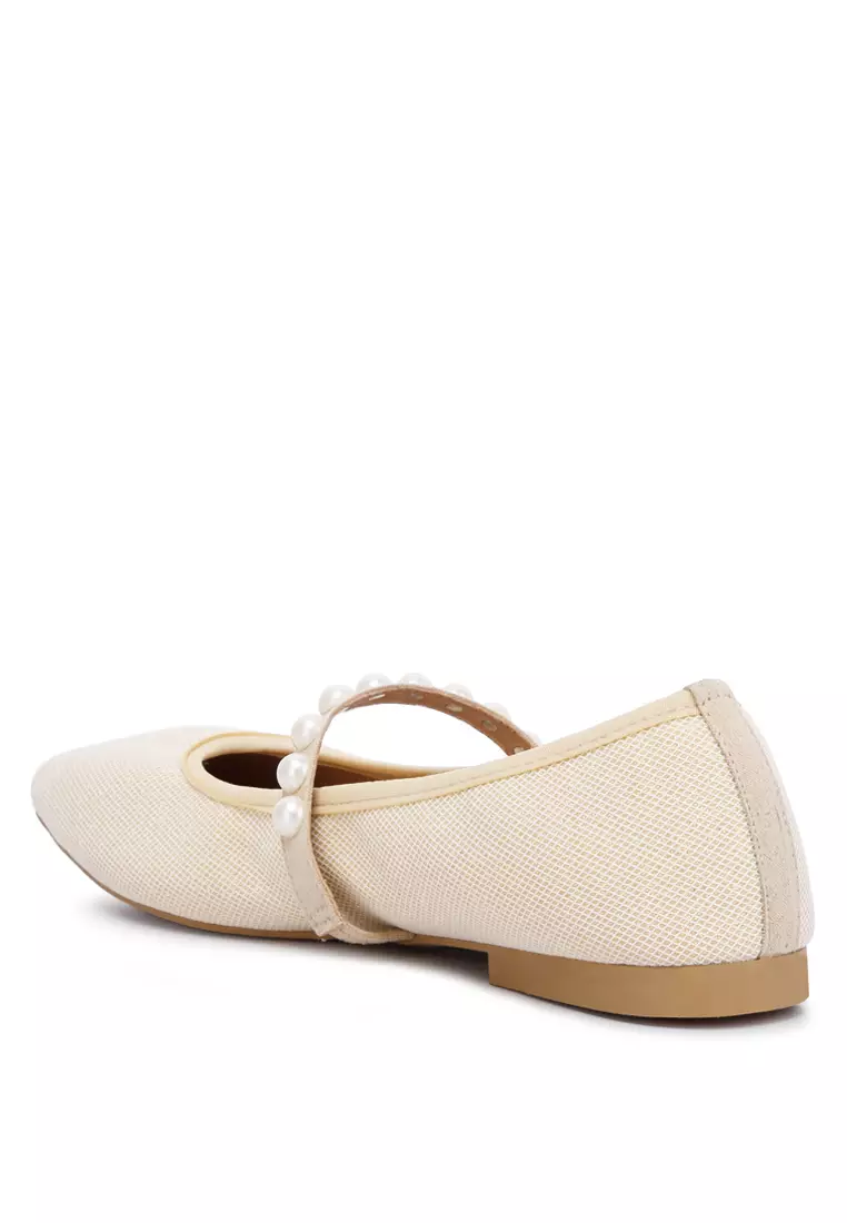 Beige Pearl Embellished Ballerina Flats