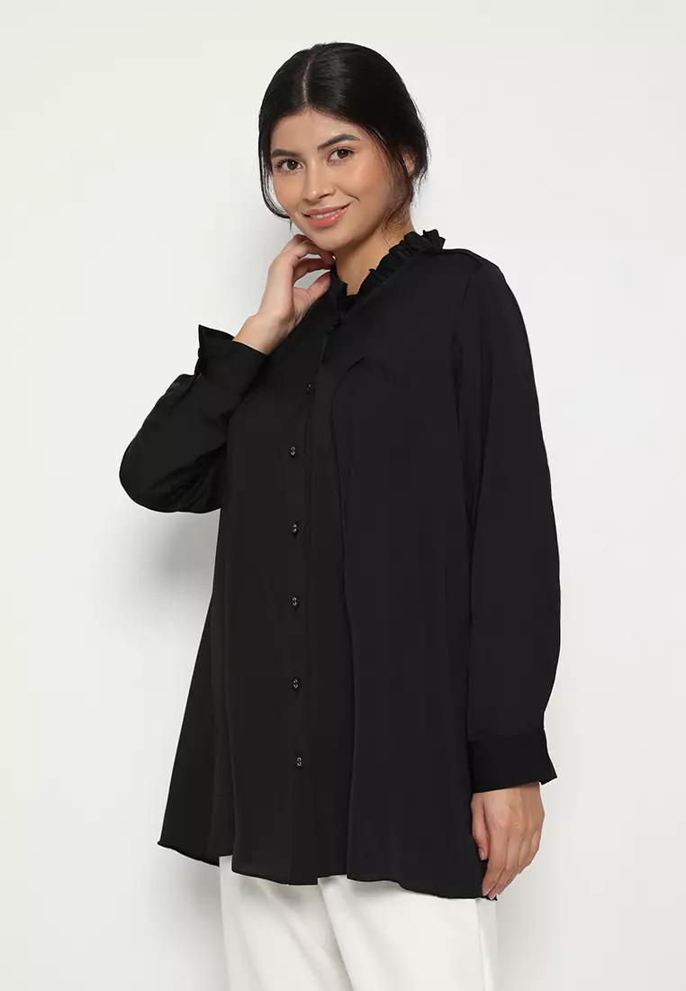 Shirt Black Plain Long Sleeve Arlette By Brilliant Girl Warna Hitam