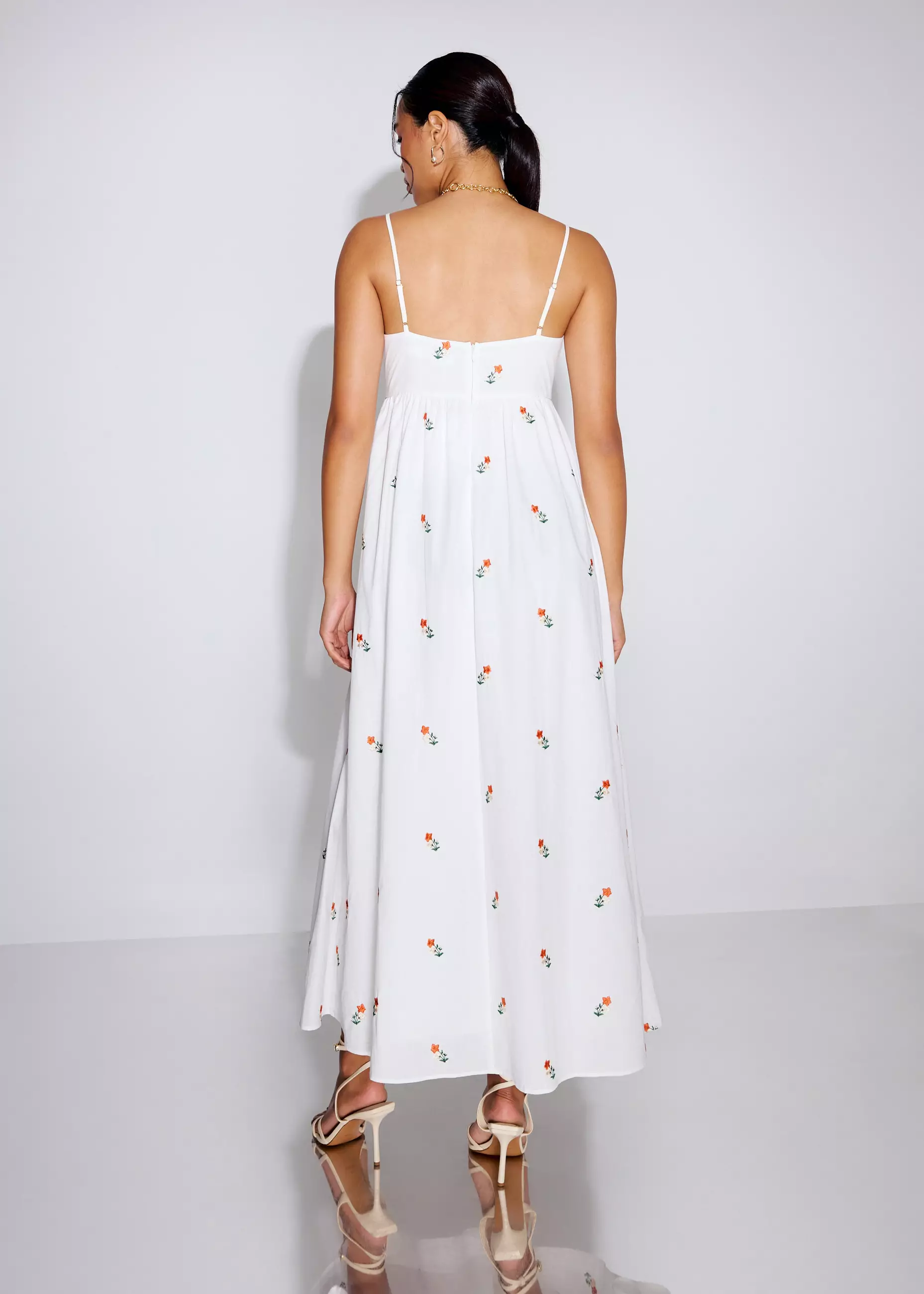 Dress Wanita - Cotton Floral Embroidery Fit & Flare Camisole Maxi Dress