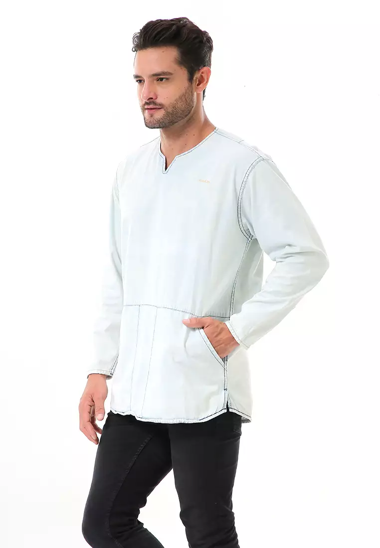 Leopold Kemeja Koko Jeans Pria Lengan Panjang Long Shirt Material Denim ORIGINAL - Soft Blue