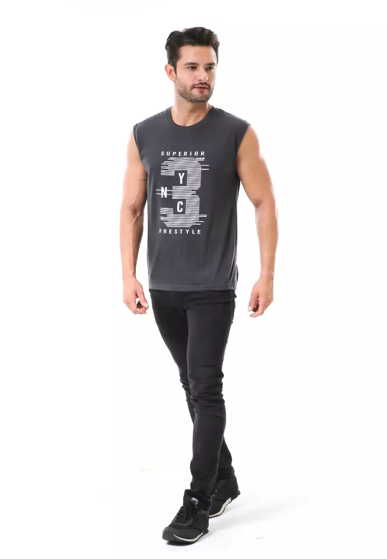 Bobby Atasan Kasual Pria Singlet Motif Three Sleeveless Tshirt Material Cotton ORIGINAL - Gray