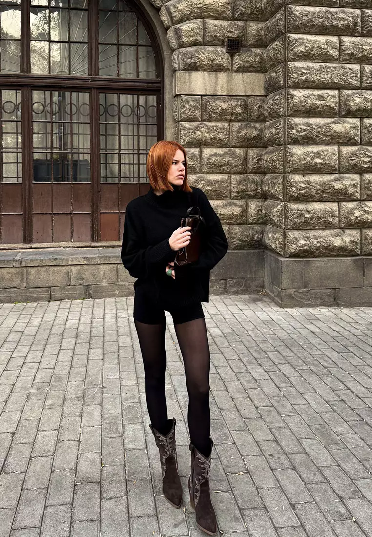 Rhinestones Embellished Calf Boots in Brown