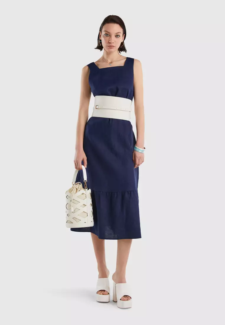 Sleeveless dress in pure linen - Blue