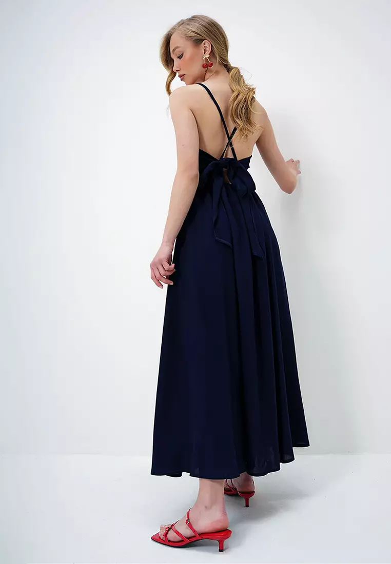 Women's Navy Blue Rope Strap Back Tie Detailed Maxi Length Summer Dress Alc-X13471