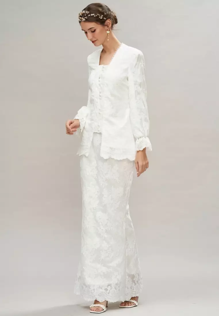 Loveaisyah White Silk Embroidery Puff Sleeve Kebaya Top & Maxi Skirt Hari Raya