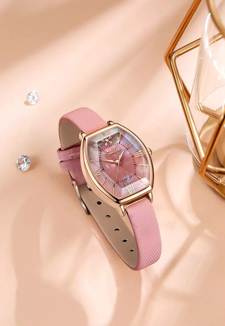 Jam Tangan Wanita Original Kasual Tali Kulit Elegan Style Jam Tangan Cewek SL6118 pink