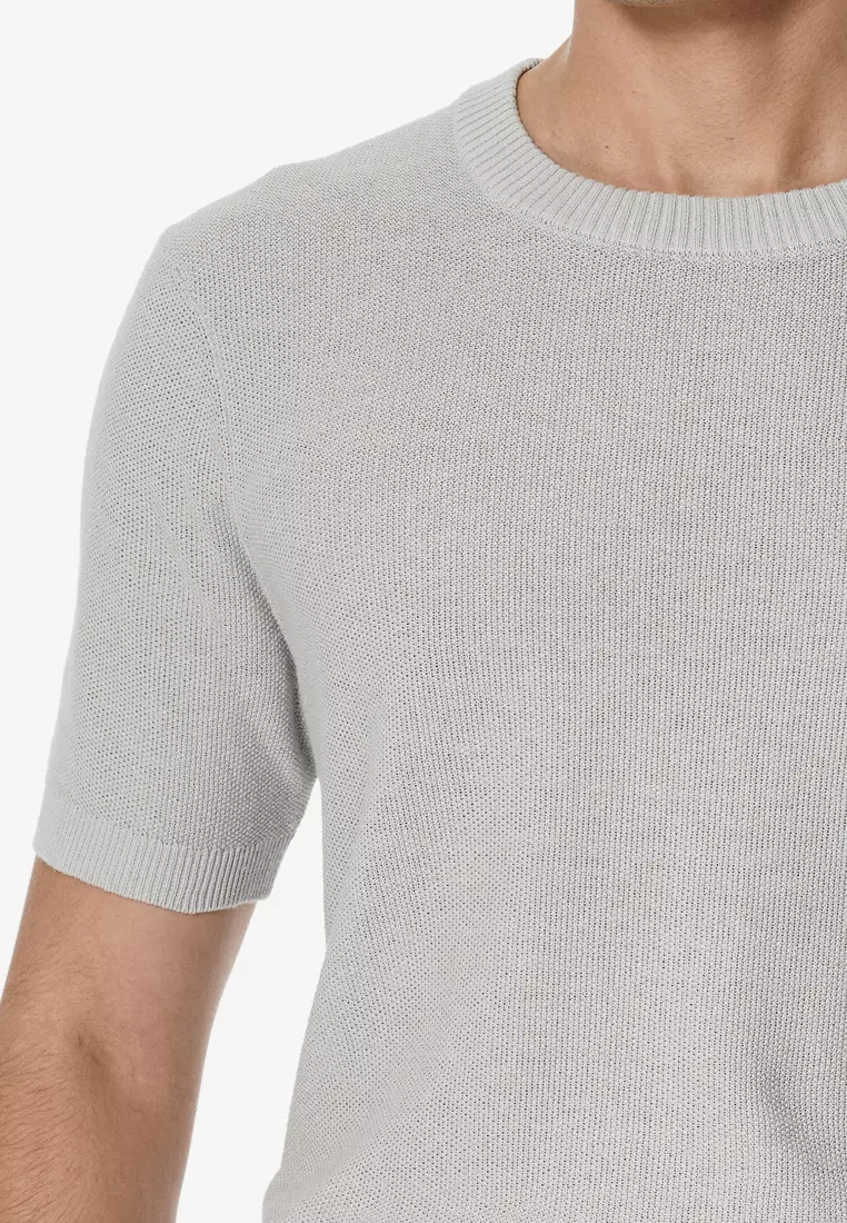 淺灰棉麻混紡紋理圓領針織衫