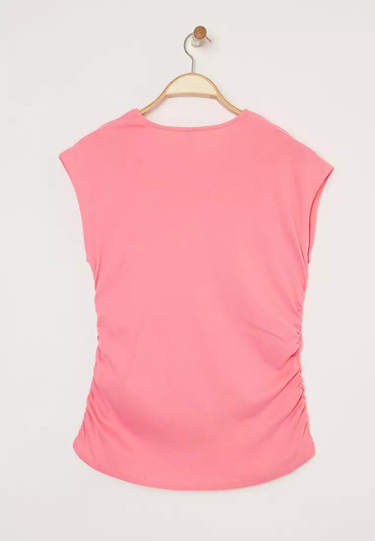 Pink Soft Fabric Asymmetrical Collar 100% Cotton Knitted Plus Size Blouse Tbbss25Af00002