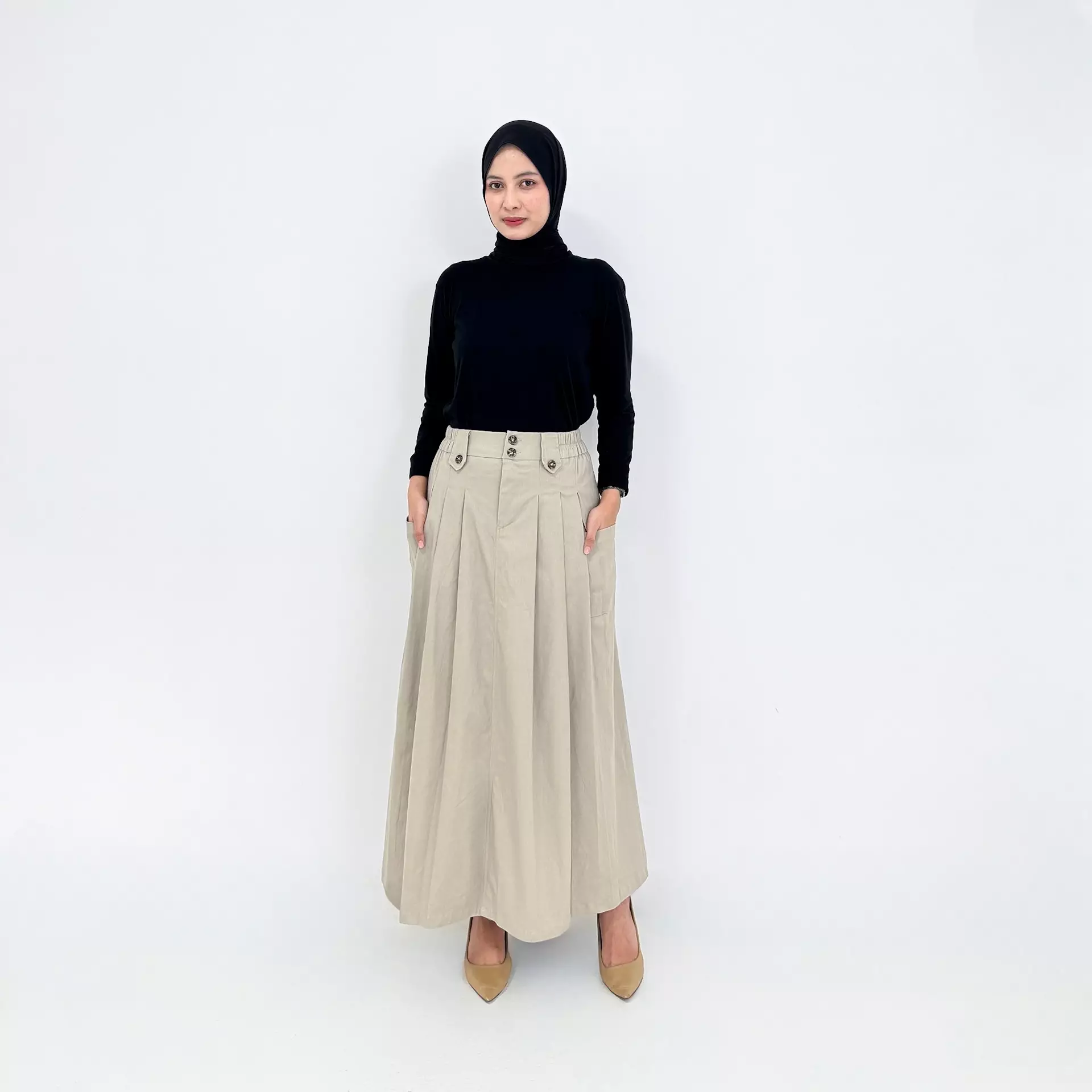 Rok Panjang Flare Basic Mika - KREM
