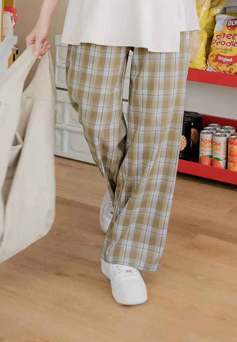 Plaid Elastic Waist Straight Wide-Leg Pants [BA7871]