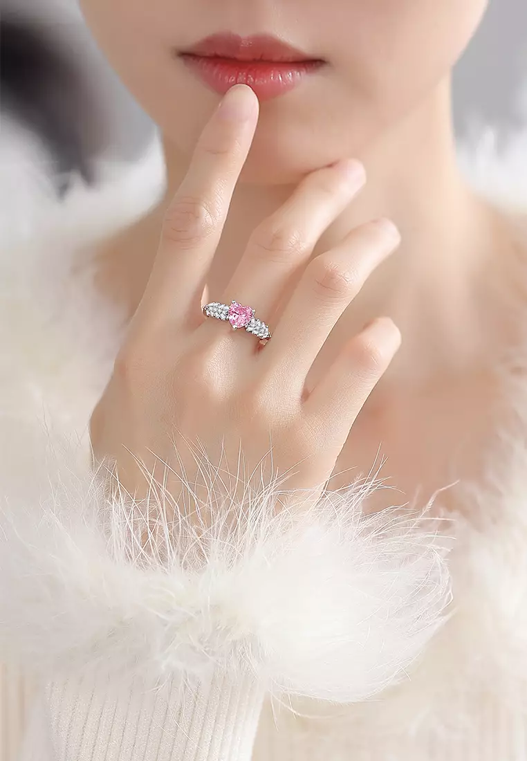 Cincin Wanita Korea Pink Zircon Berlian Berlapis Platinum Anti Pudar Ukuran Bebas Tunangan Cincin Couple