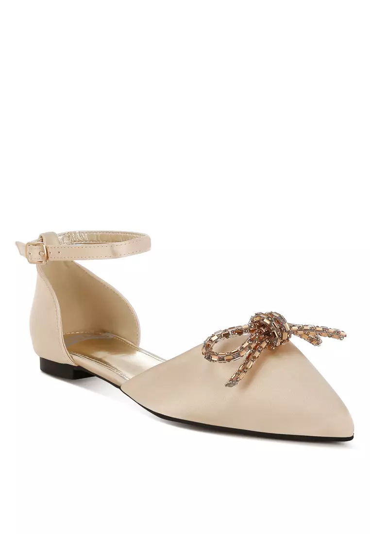 Rhinestone Detail Bow Flat Sandals in Gold