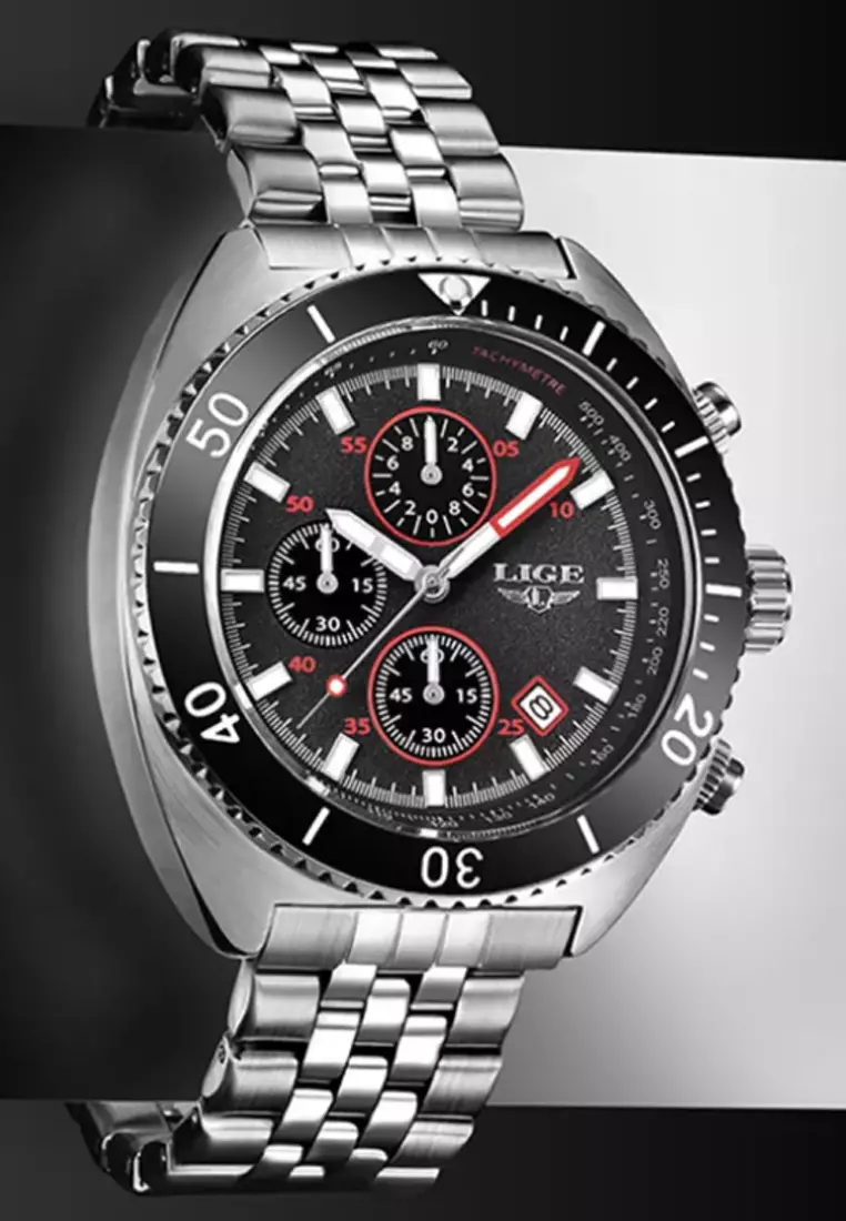 Unisex Chronograph Diver's Stainless Steel Quartz Watch with turning Bezel on Steel Bracelet