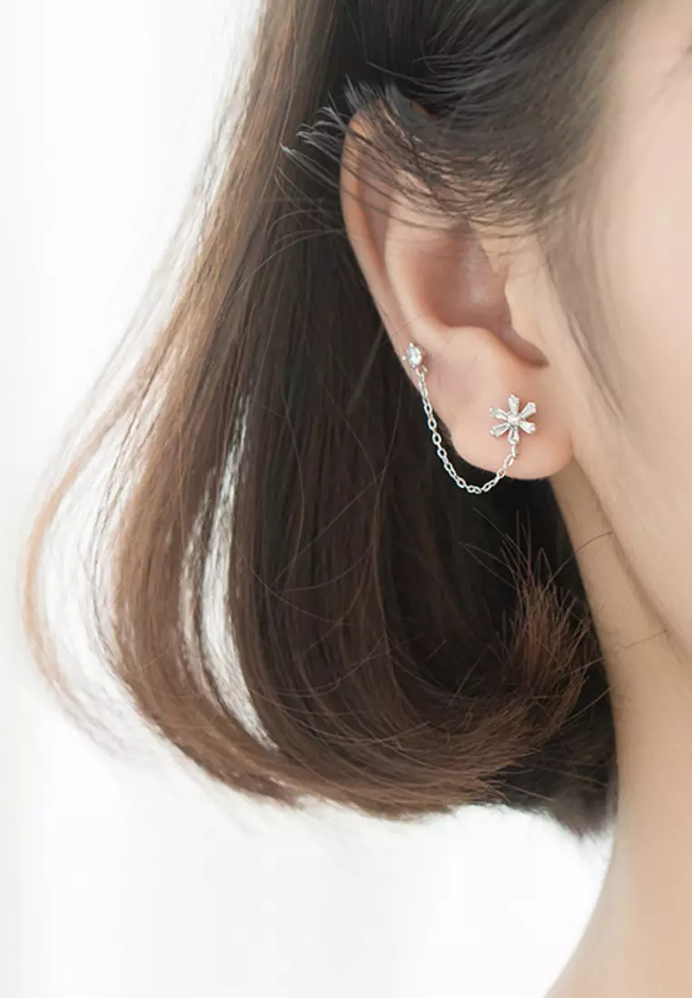 925 Silver Zircon Chain Floral Earrings JW AR-G5546